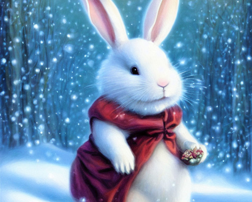 White Rabbit in Red Scarf with Christmas Wreath in Snowfall