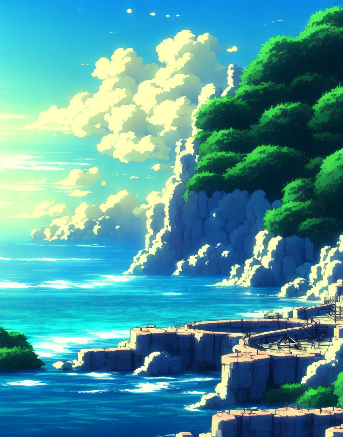 Colorful Anime-Style Seaside Cliff Illustration With Clear Blue Sky