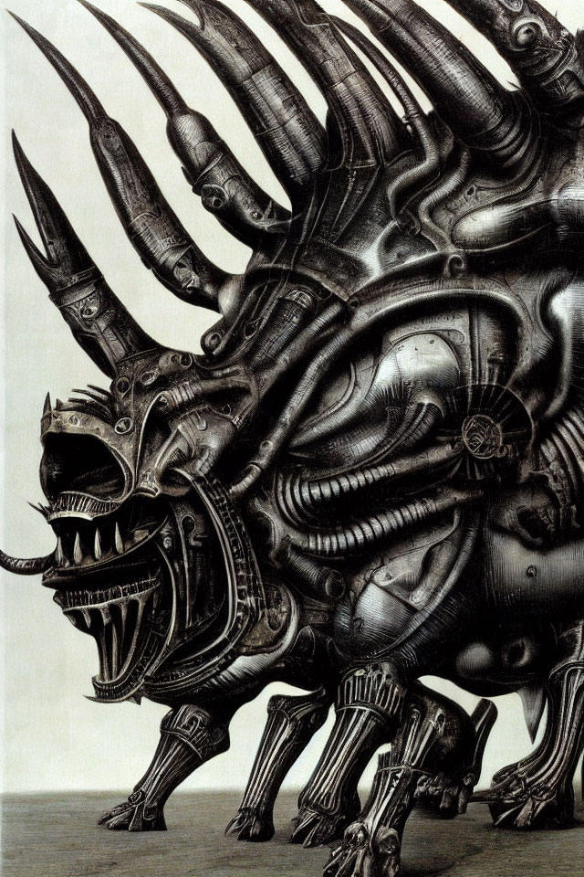 Detailed Black and White Biomechanical Creature Drawing