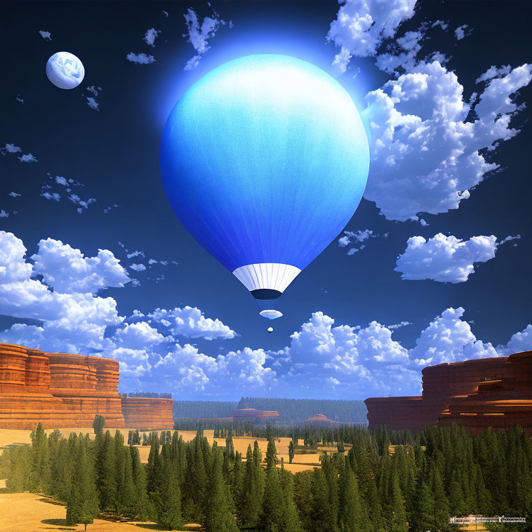 Blue hot air balloon over forested landscape with red rocks and moon