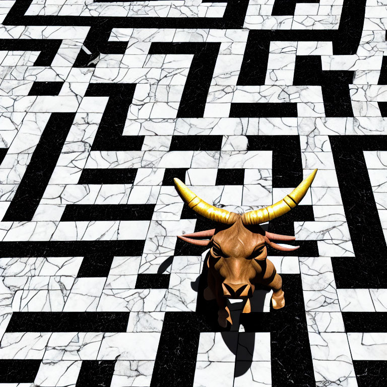 Brown bull with large horns in black and white marble maze