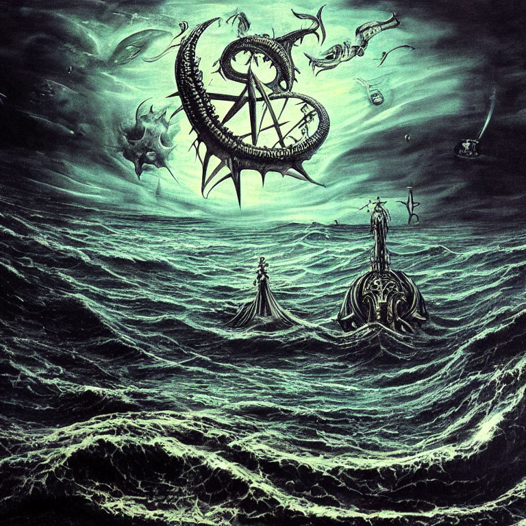 Dark Fantasy Sea with Giant Tentacle Creature and Ominous Symbols
