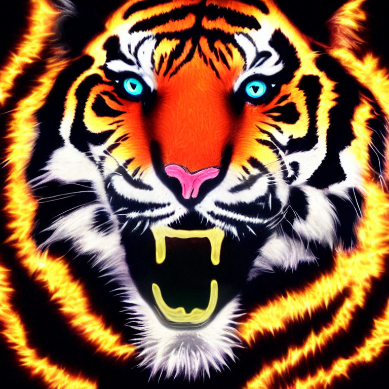 Colorful Tiger Face Artwork with Bright Orange and Blue Eyes