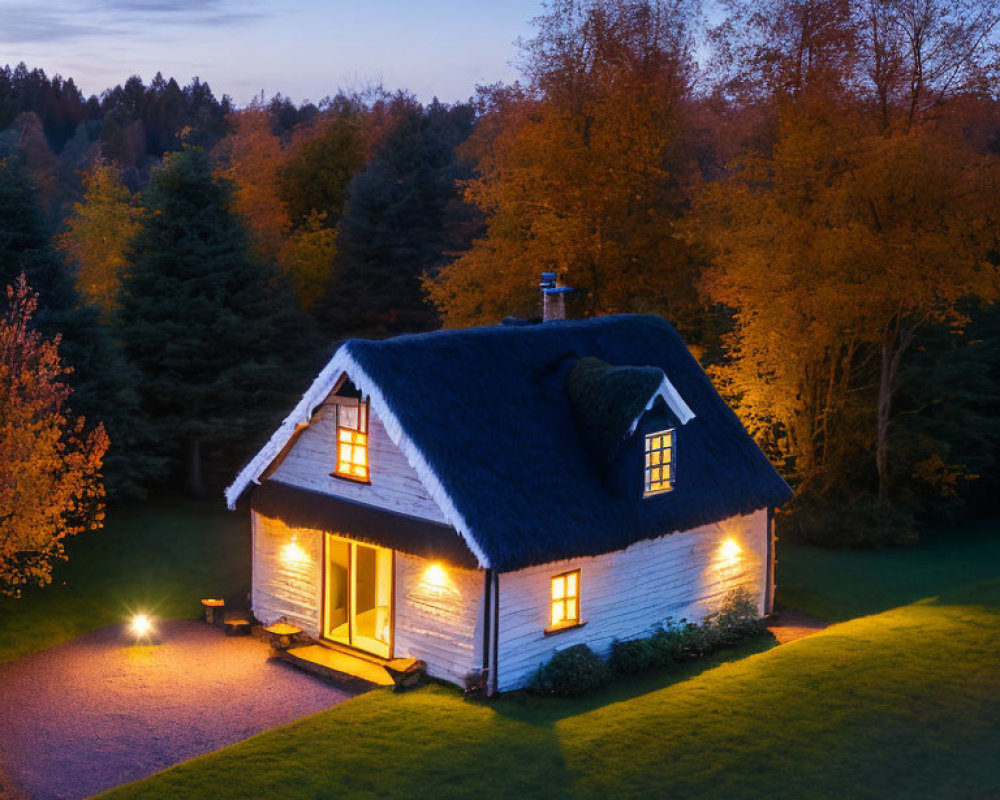 Twilight scene: Cozy cottage with autumn trees at dusk