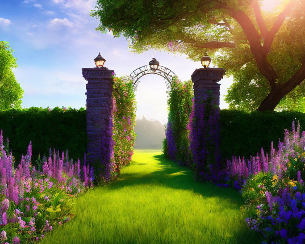 Tranquil Garden Pathway with Purple and Blue Flowers and Stone Archway