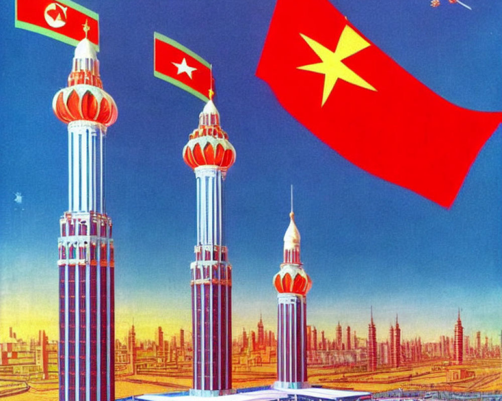Illustration of retro-futuristic cityscape with tall towers, flags, and aircraft in vibrant sky