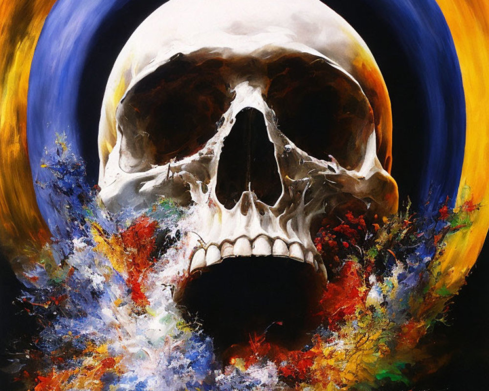 Colorful skull painting with swirling rings and splatters