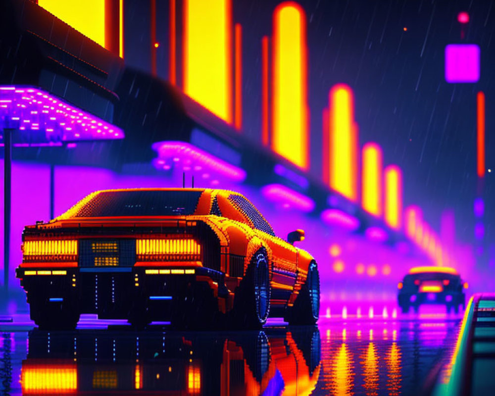 Retro-futuristic car in neon-lit cyberpunk cityscape