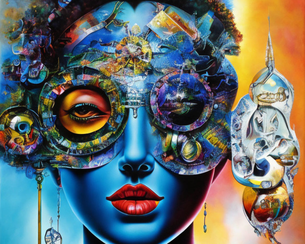 Colorful portrait of a woman with intricate eyeglasses reflecting cityscape and vibrant makeup.