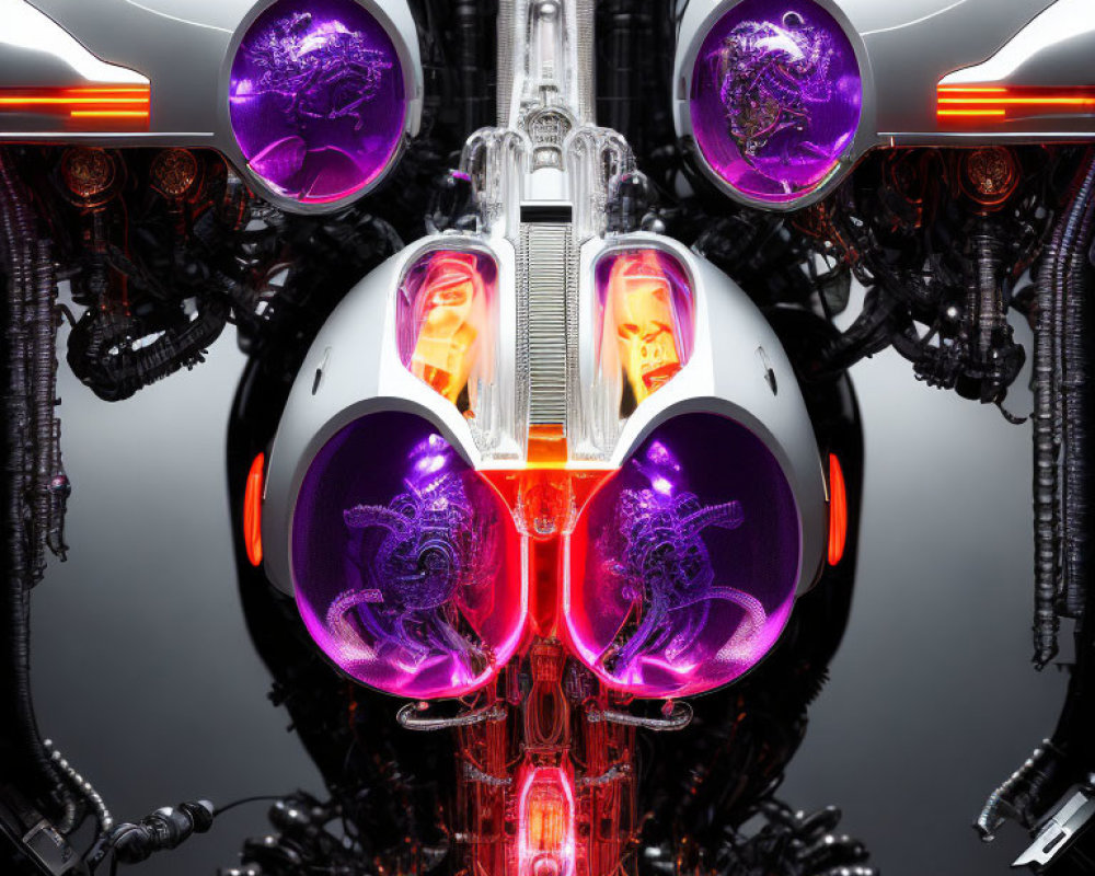 Symmetrical futuristic mechanical design with metallic and glowing purple-orange elements