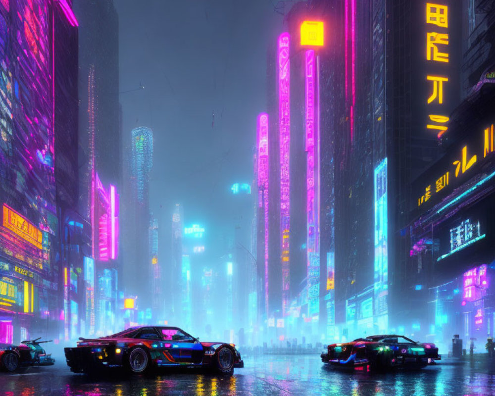 Vibrant neon-lit cityscape with futuristic cars in rainy night scene