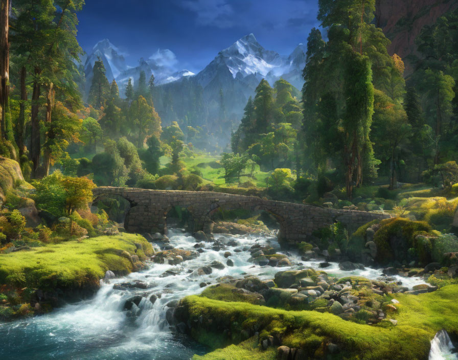 Tranquil landscape with stone bridge, bubbling stream, greenery, and snow-capped mountains