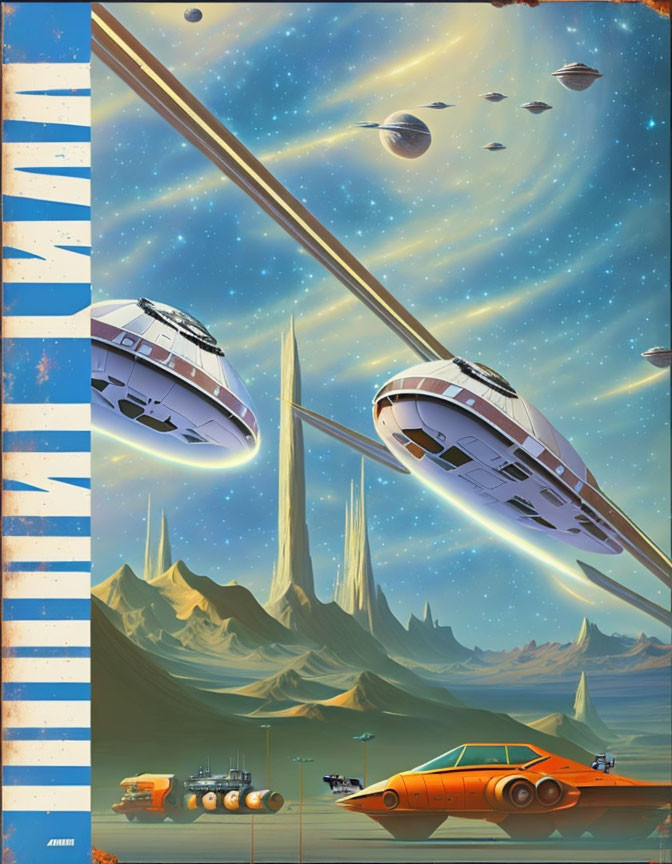 Futuristic spaceships and classic car in futuristic landscape.