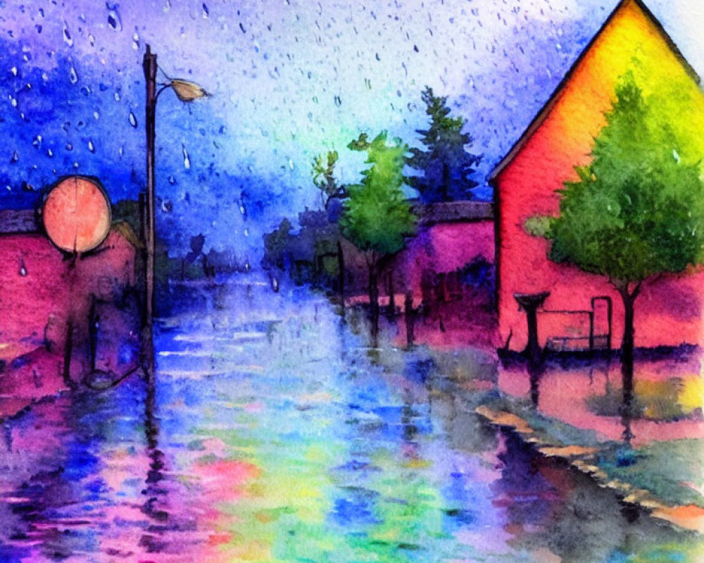 Vibrant watercolor painting of rainy street scene at dusk