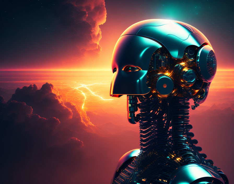Futuristic robot head profile with stormy sunset backdrop