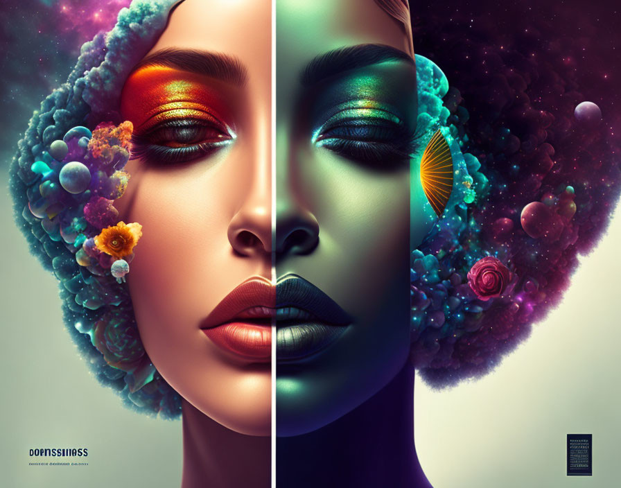 Split image of woman's face with vibrant cosmic makeup and merging flowers and space elements showcasing surreal beauty concept
