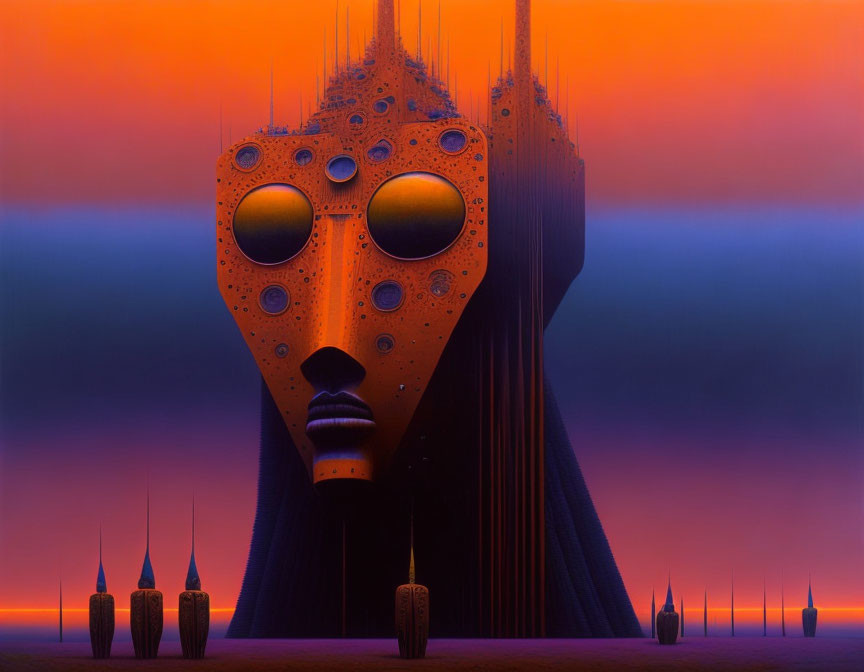 Orange Mask-like Structure with Circle Eyes in Surreal Sunset Sky