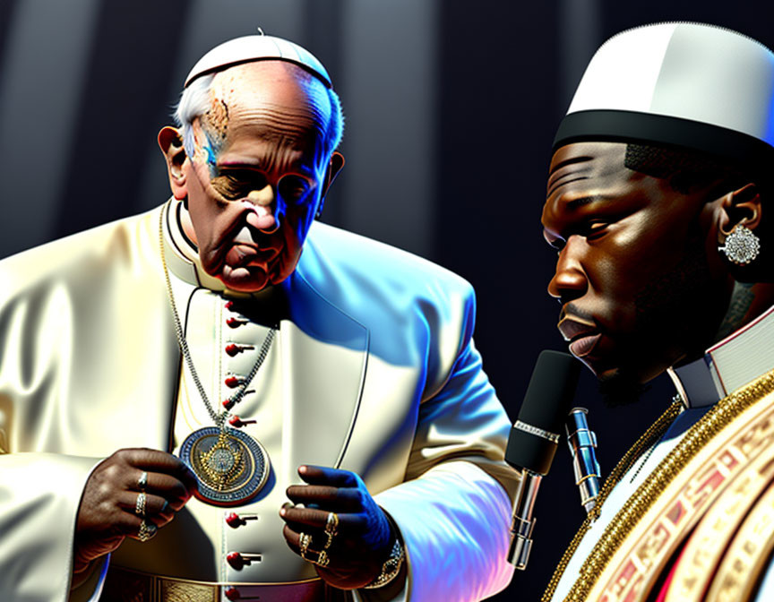 Illustrated figures: Catholic Pope and rapper in confrontational stance