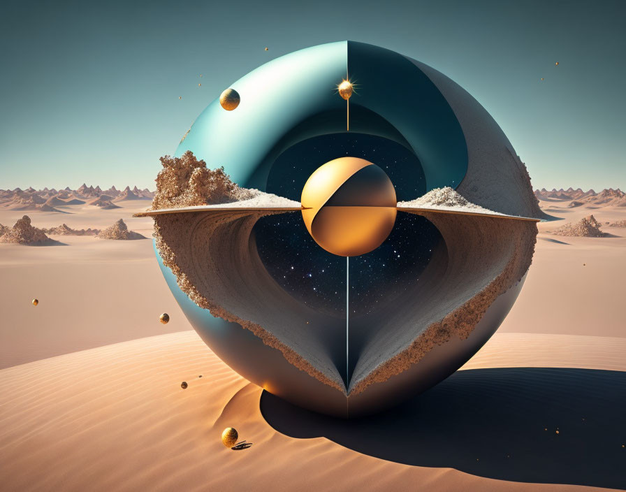 Surreal desert landscape with geometric art installation and floating orbs