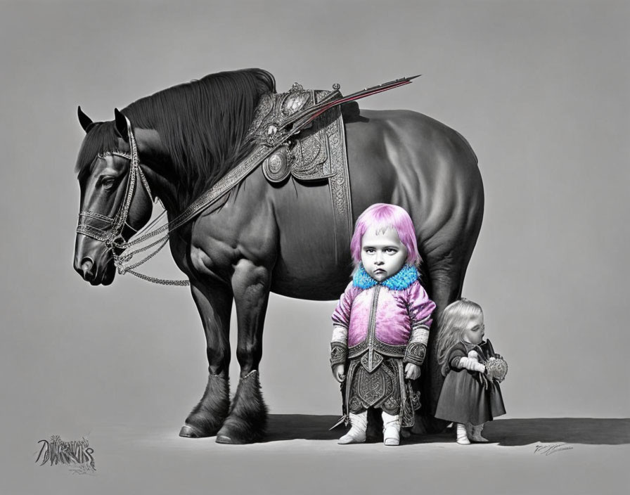Digitally altered image of large horse with elaborate tack next to two small children