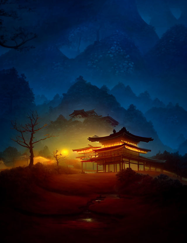 Traditional Asian Architecture in Twilight Scene with Silhouetted Mountains