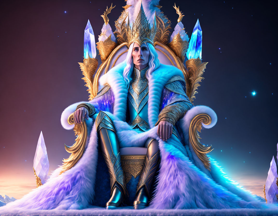 Regal figure in blue and gold armor on ornate throne surrounded by crystals