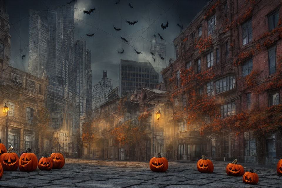 Spooky urban street scene with jack-o'-lanterns, bats, mist, and buildings