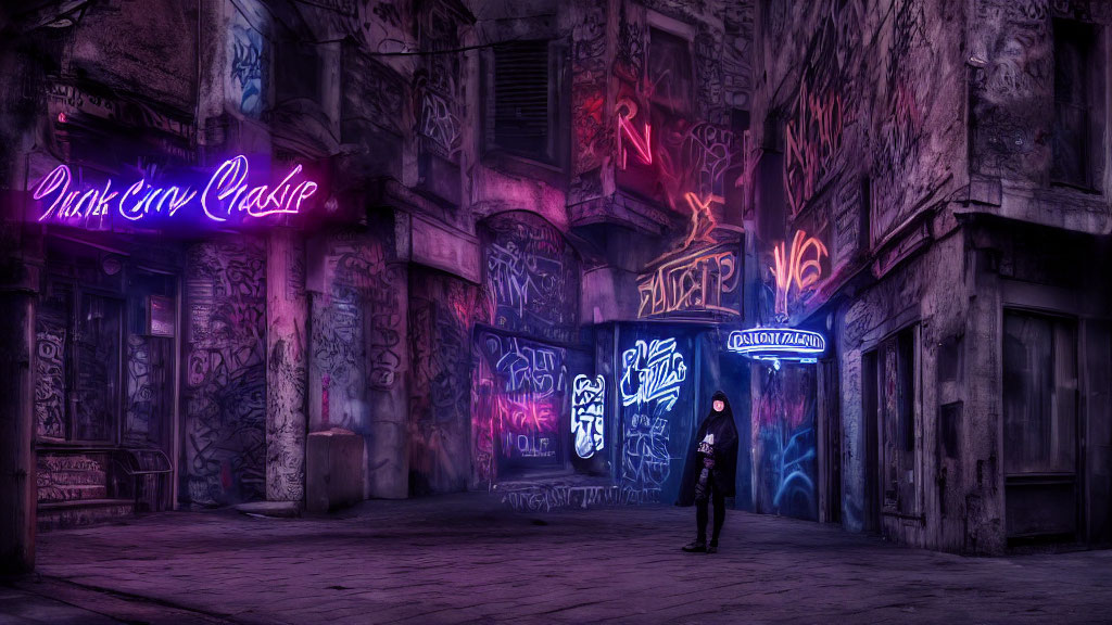 Person in Graffiti-Covered Alley at Night with Neon Lights