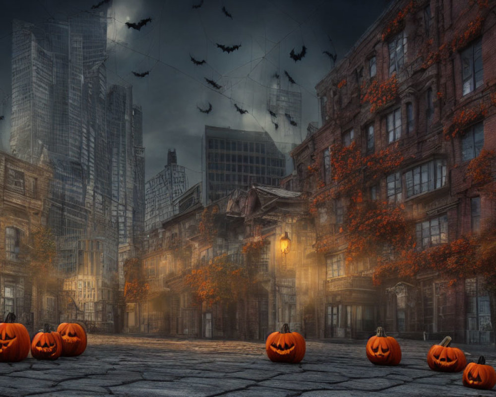 Spooky urban street scene with jack-o'-lanterns, bats, mist, and buildings