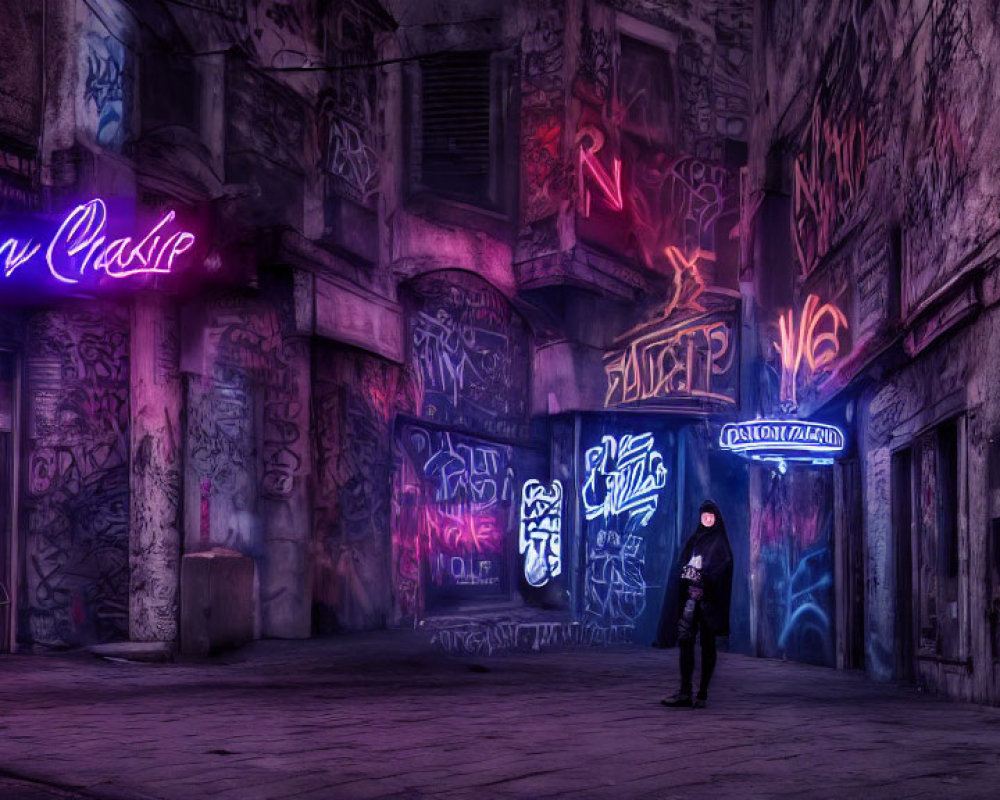 Person in Graffiti-Covered Alley at Night with Neon Lights