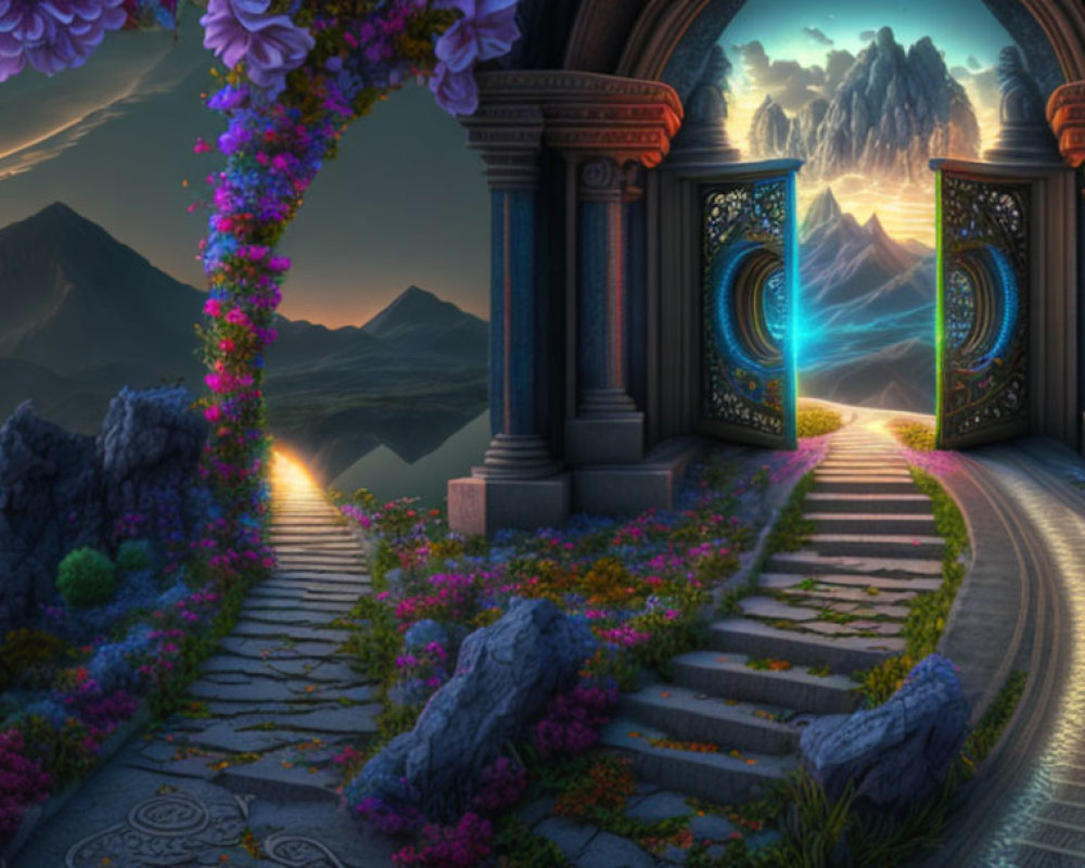 Ornate gate in mystical landscape with mountain view and flower-lined pathways