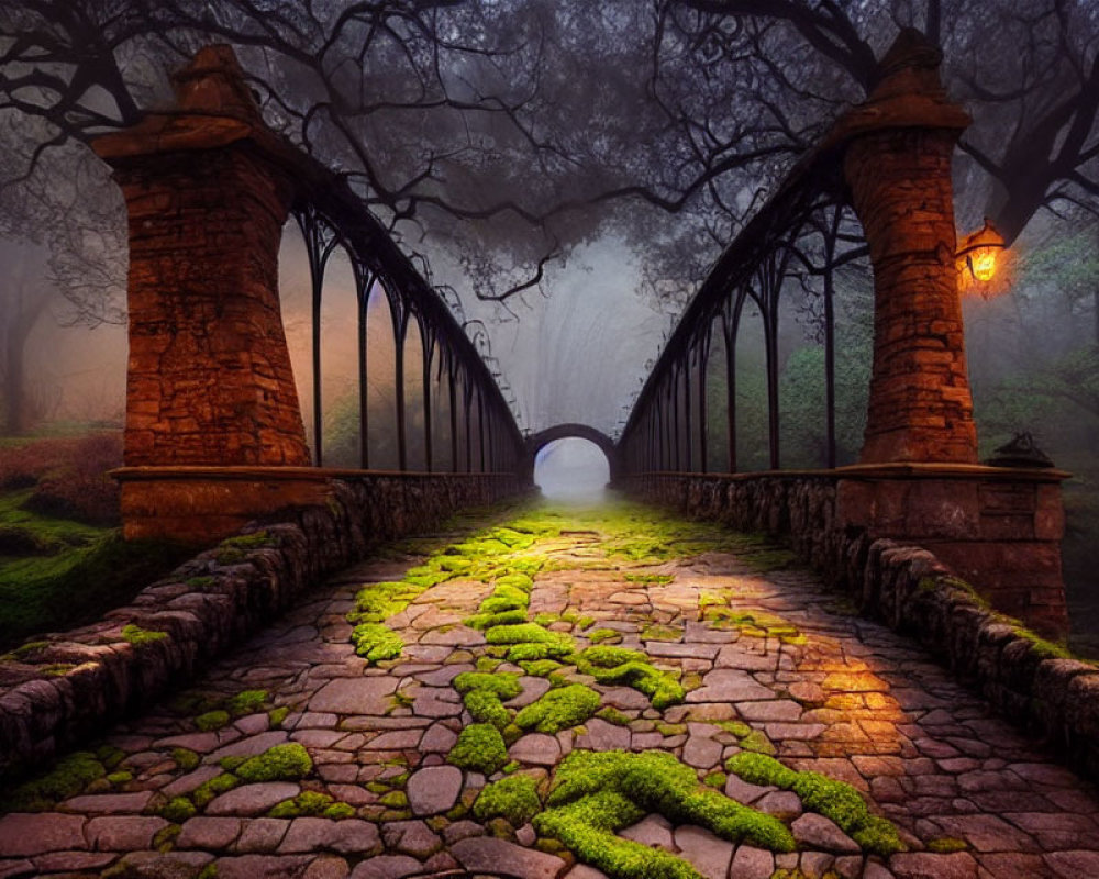 Moss-covered cobblestone bridge with wrought-iron railings in foggy forest