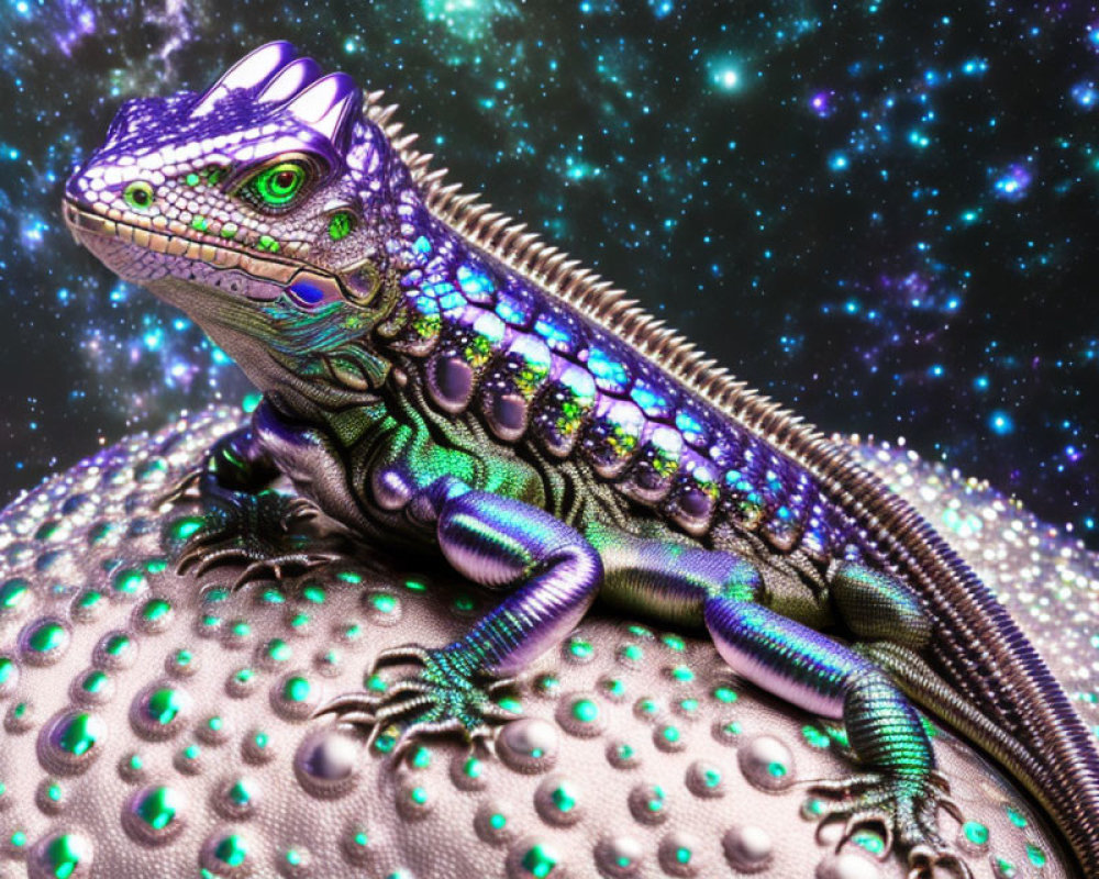 Iridescent lizard on metallic orb in cosmic setting