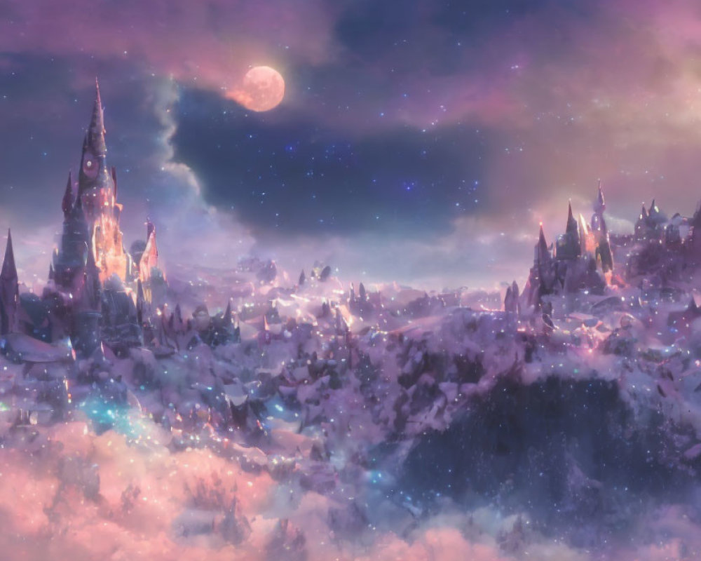Snowy fantasy cityscape with castle, moon, pink clouds, and stars at dusk