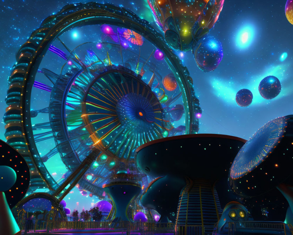 Futuristic amusement park at night with illuminated Ferris wheel