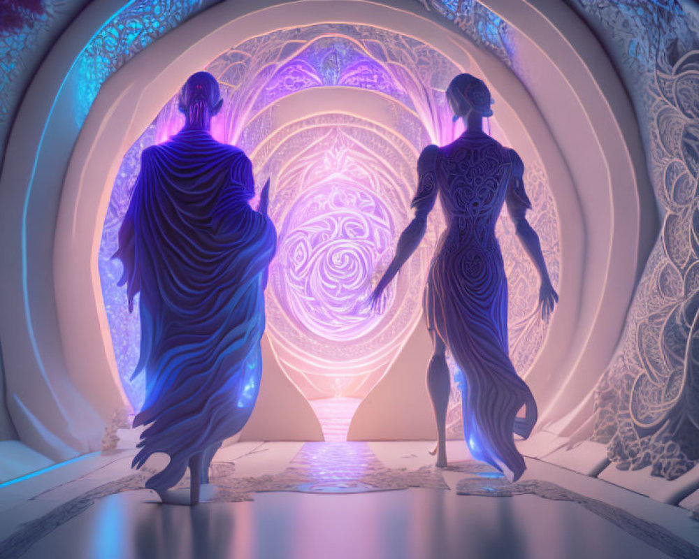 Ethereal figures near glowing archway in neon-lit corridor