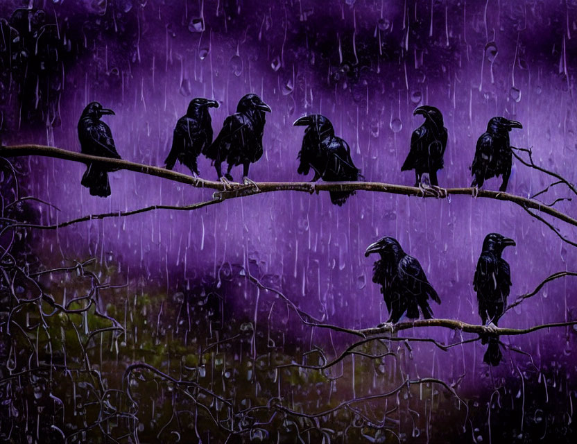 Seven Crows on Bare Branch in Purple Rain