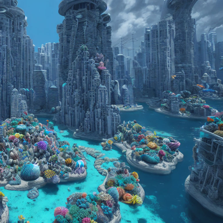 Colorful Underwater Cityscape with Coral Reefs and Marine Life