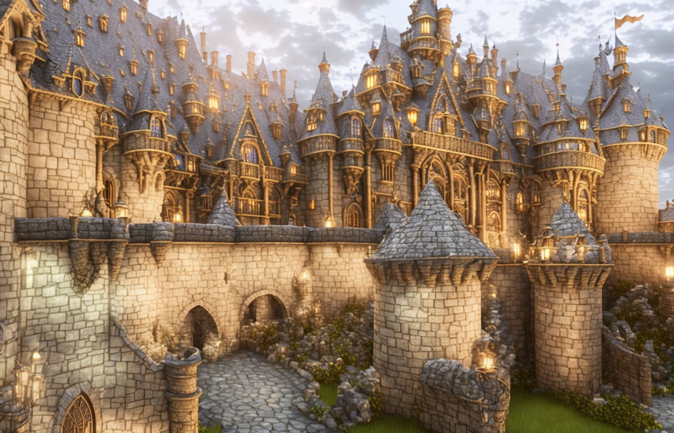 Medieval castle digital artwork with glowing windows and spires at dusk