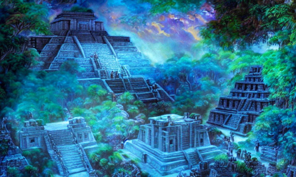 Ancient Mesoamerican pyramids in lush forest under colorful sky
