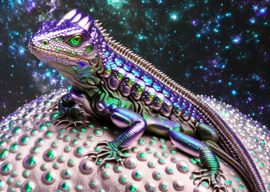 Iridescent lizard on metallic orb in cosmic setting