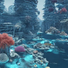 Colorful Underwater Cityscape with Coral Reefs and Marine Life