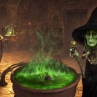 Green-skinned witch with cauldron and mysterious ingredient in candlelit dungeon