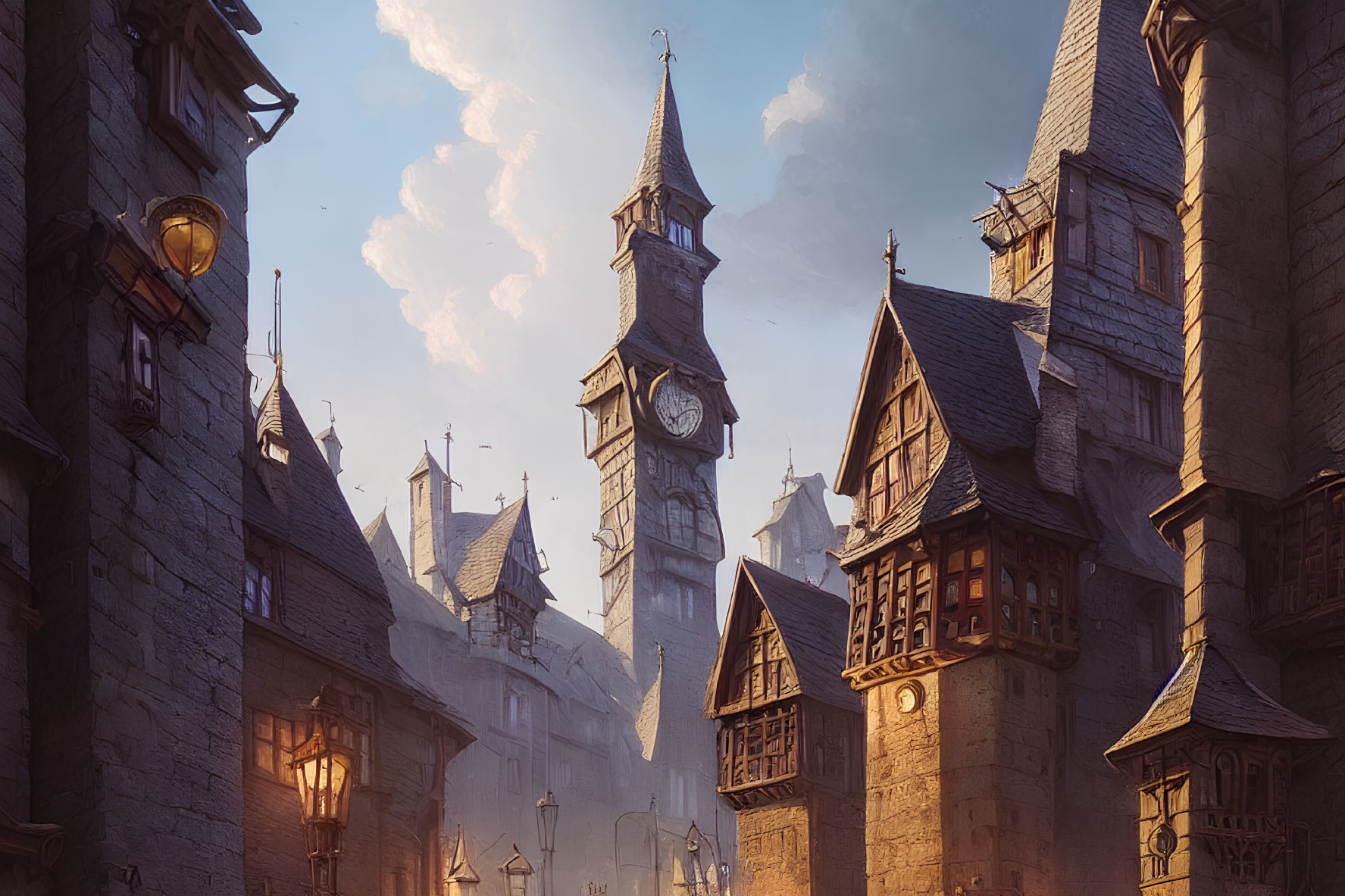 Medieval fantasy town digital artwork with stone structures and glowing street lamps.