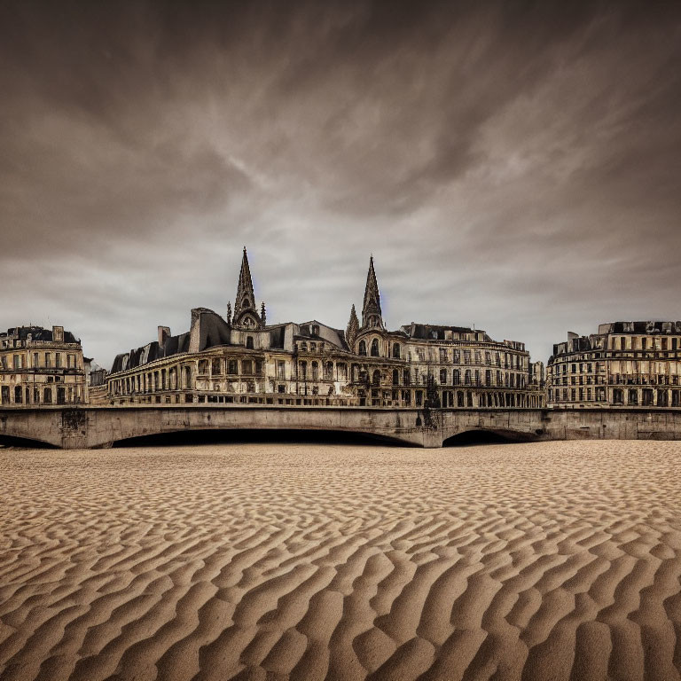 Sepia-Toned European Architecture with Twin Spires and Bridge in Moody Setting