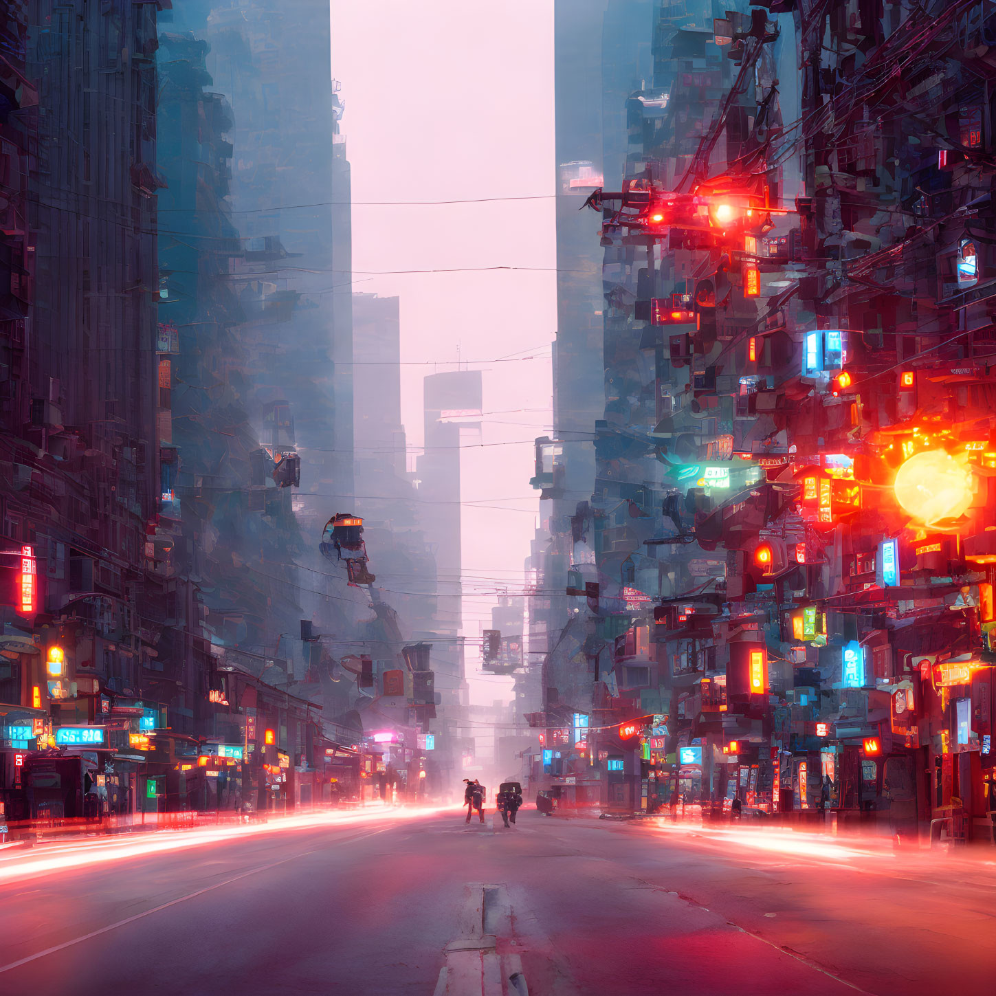 Futuristic neon cityscape with high-rises and glowing ads