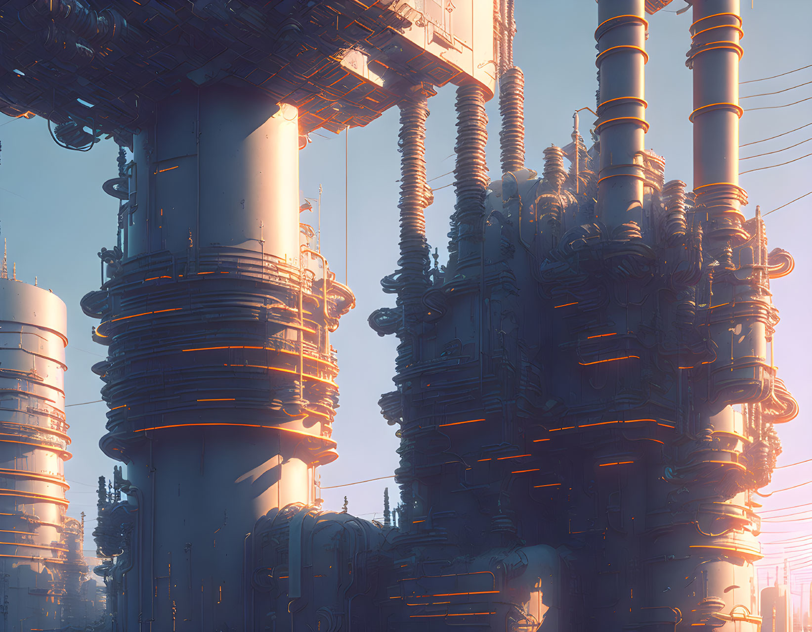 Futuristic industrial towers with glowing rings and intricate pipes in golden light.