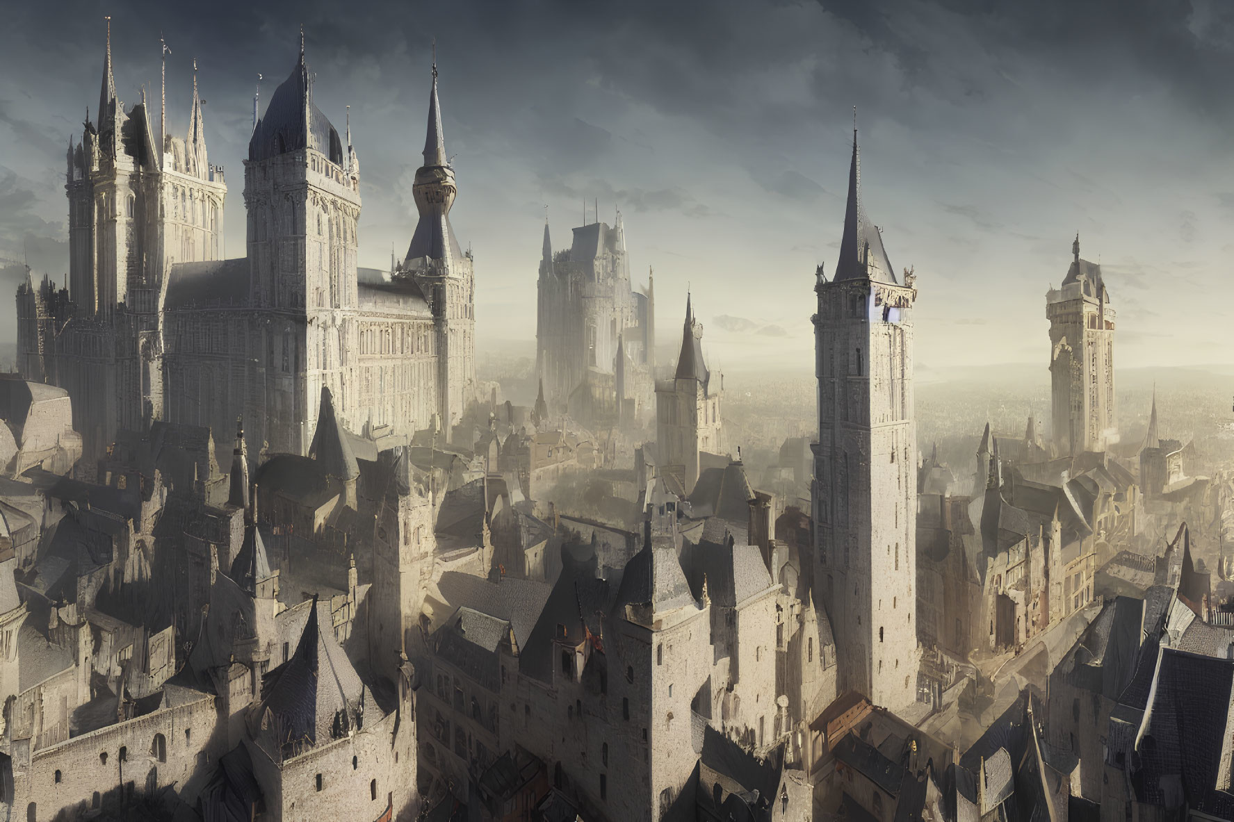 Medieval cityscape with towering spires and castles at dawn