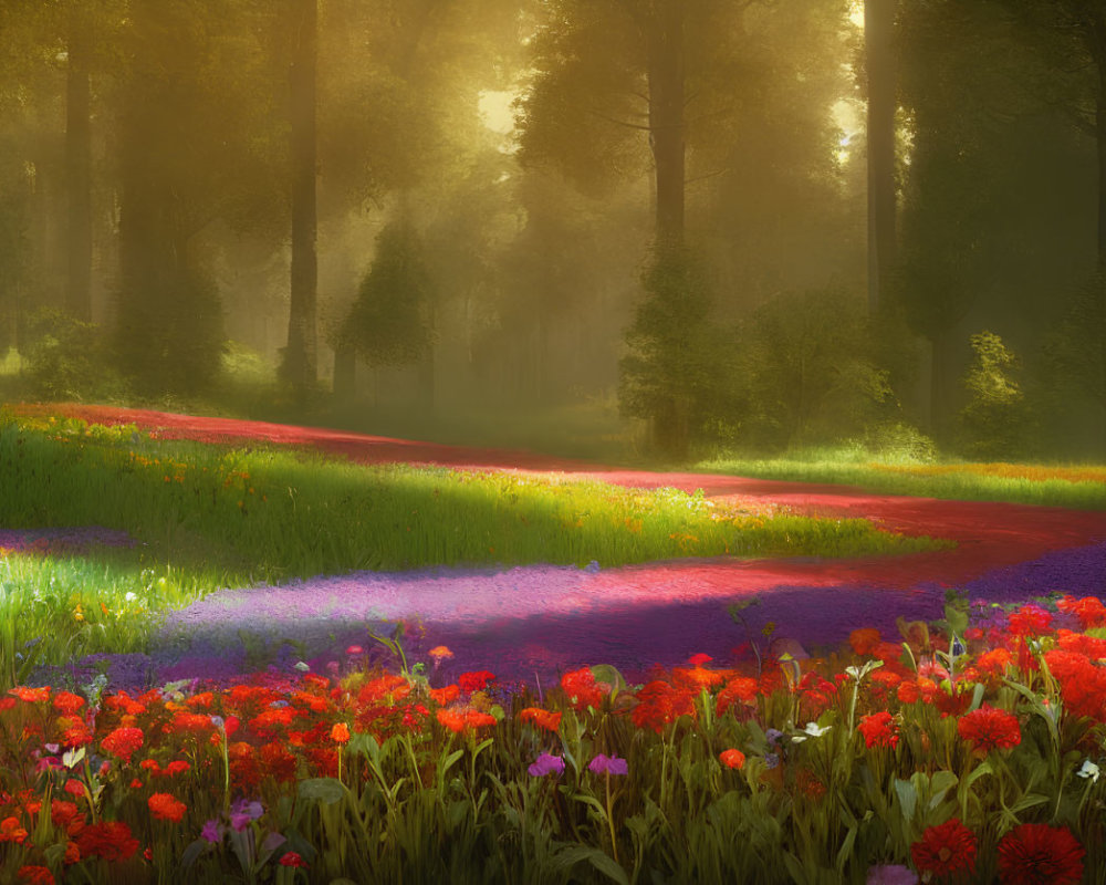 Sunlit forest path with colorful flowers and mist - Dreamy atmosphere