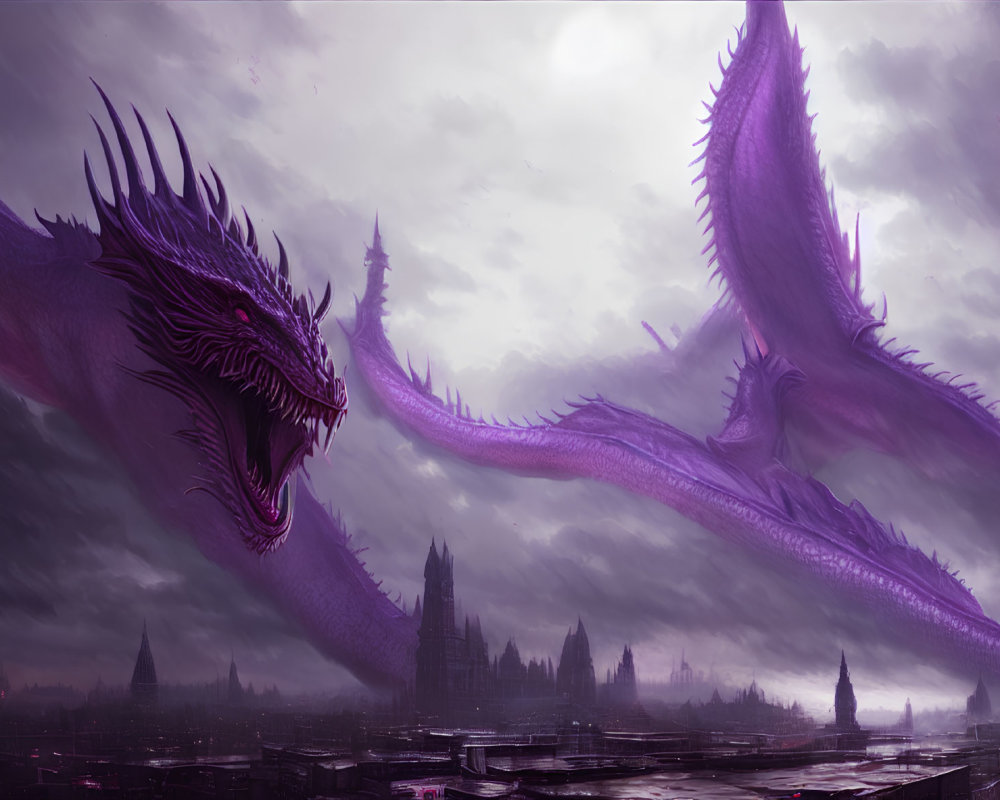 Large Purple Dragon Over Gloomy Gothic Cityscape Under Stormy Sky